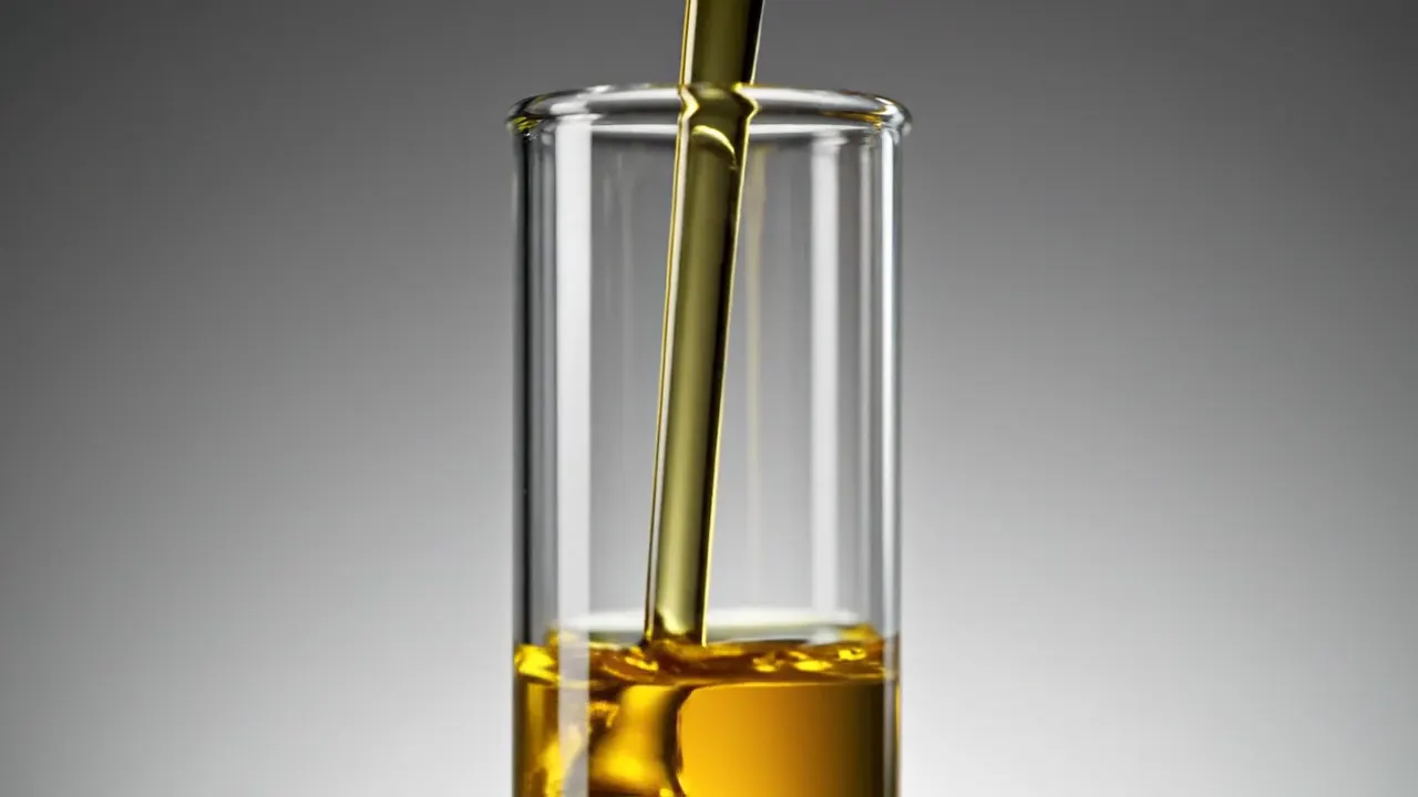 Golden yellow lubricating oil runs in slow motion into a clear test tube