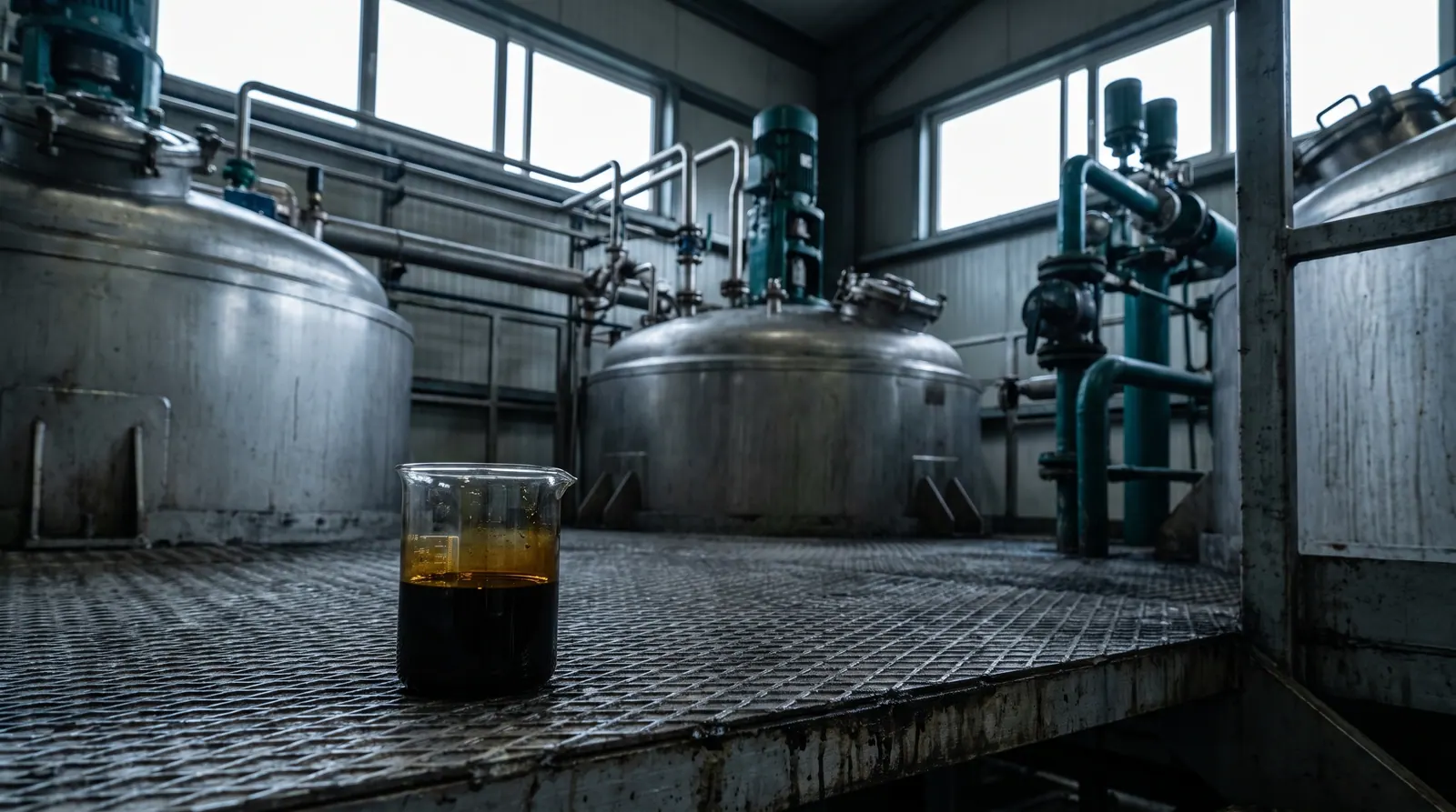 Stainless steel mixing vessel with pipework, a beaker of dark additive in front