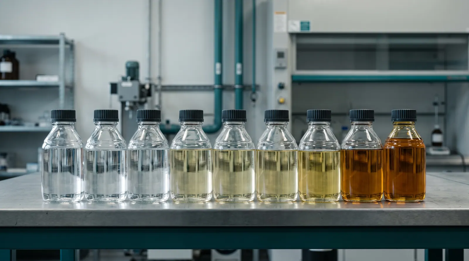 Row of sample bottles of base oil, from water clear to amber