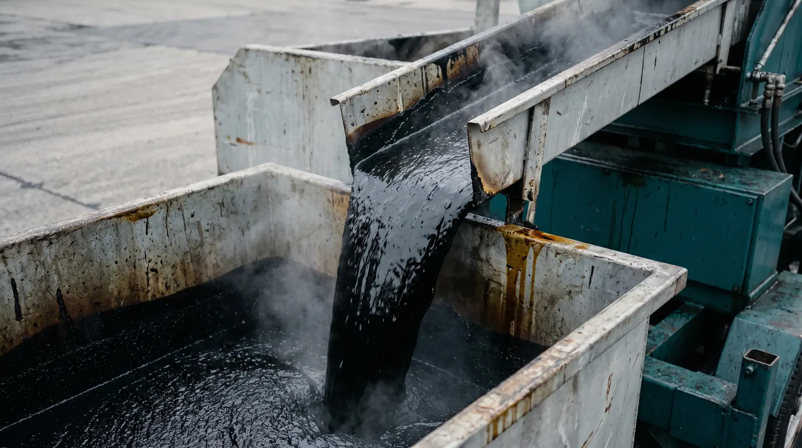 Hot bitumen flowing from a channel into a trough