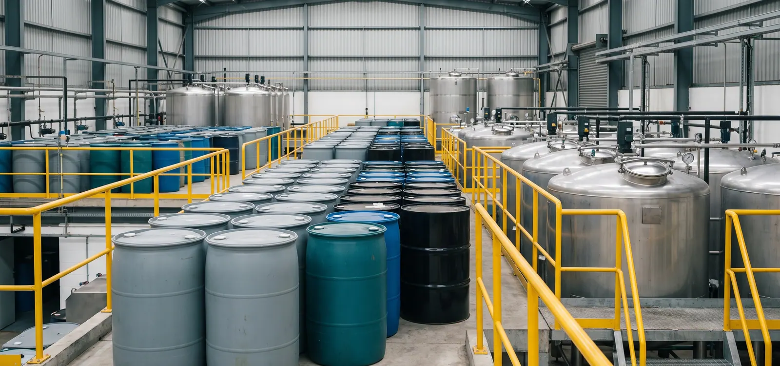 Drums and stainless steel tanks in a chemical warehouse with yellow railings