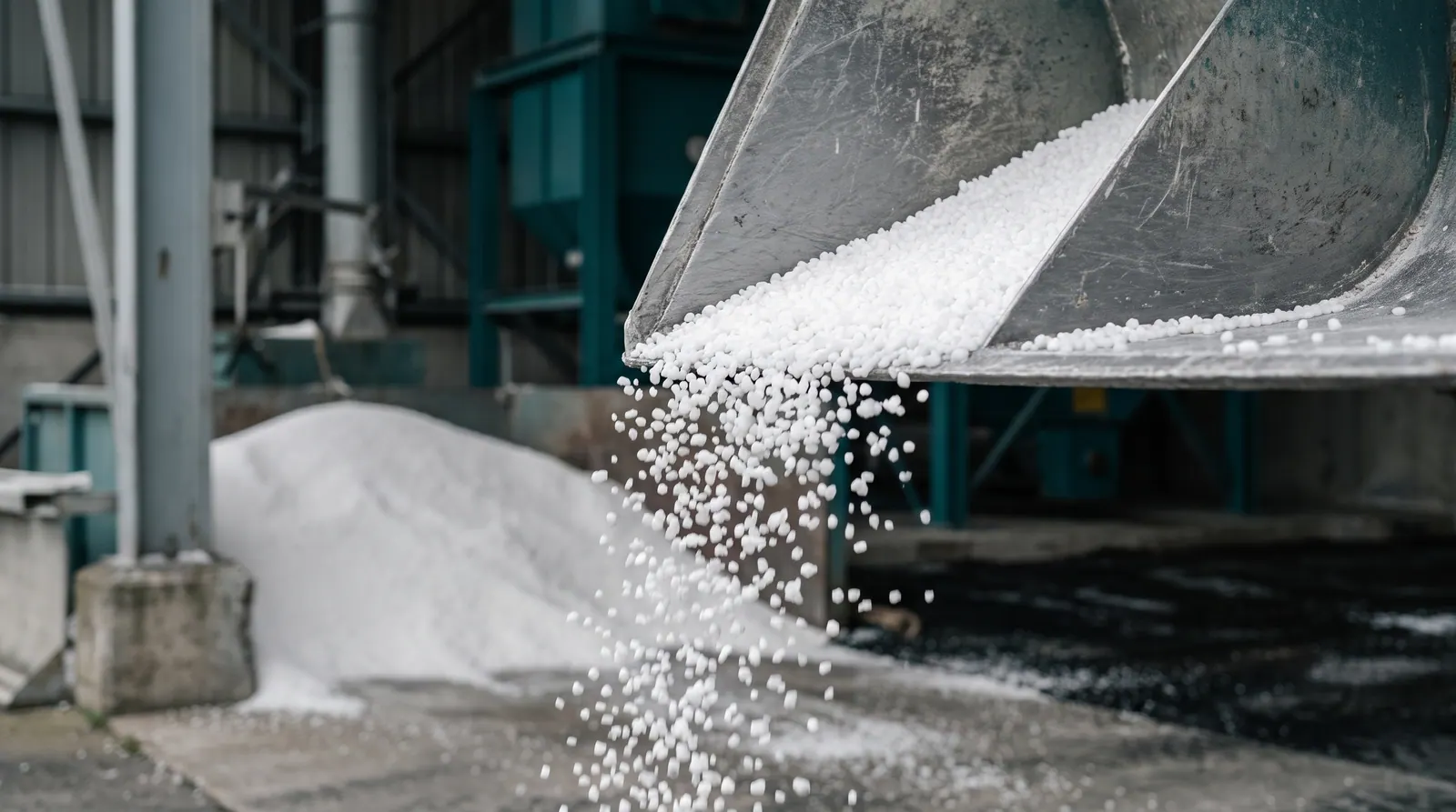 White urea prills trickling from a steel shovel, a heap in the warehouse behind