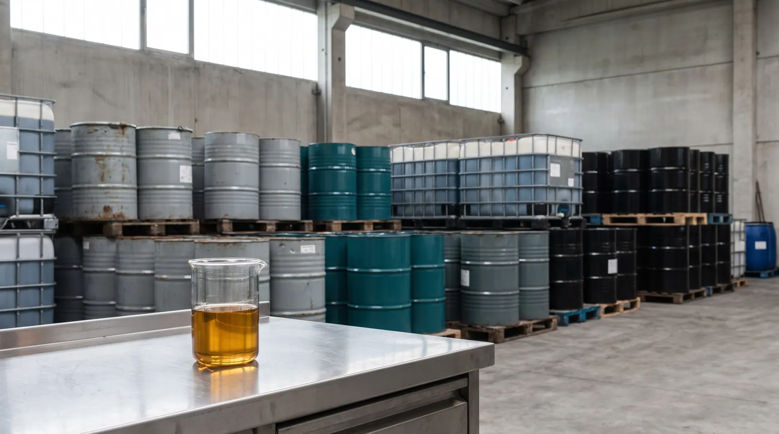 Drums and IBC containers in a warehouse, a beaker of lubricating oil in front