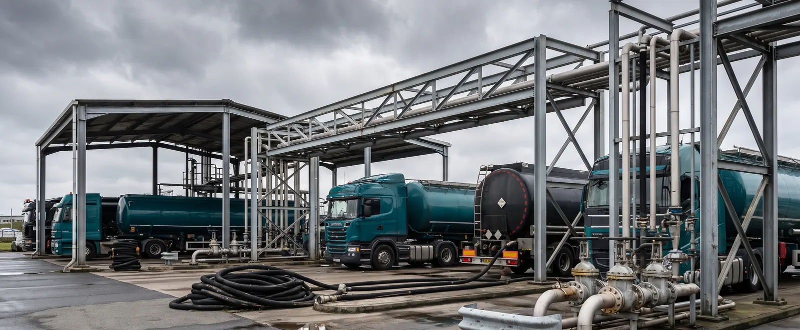 Tanker truck loading station with pipework and hoses
