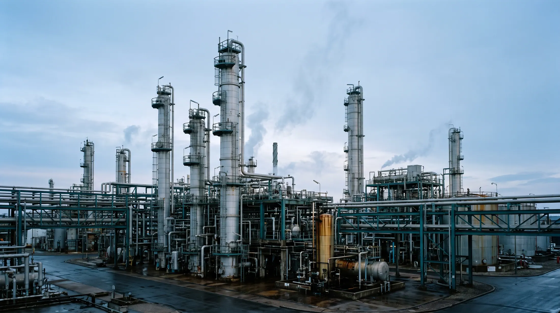 Distillation columns and pipe racks of a refinery at dusk