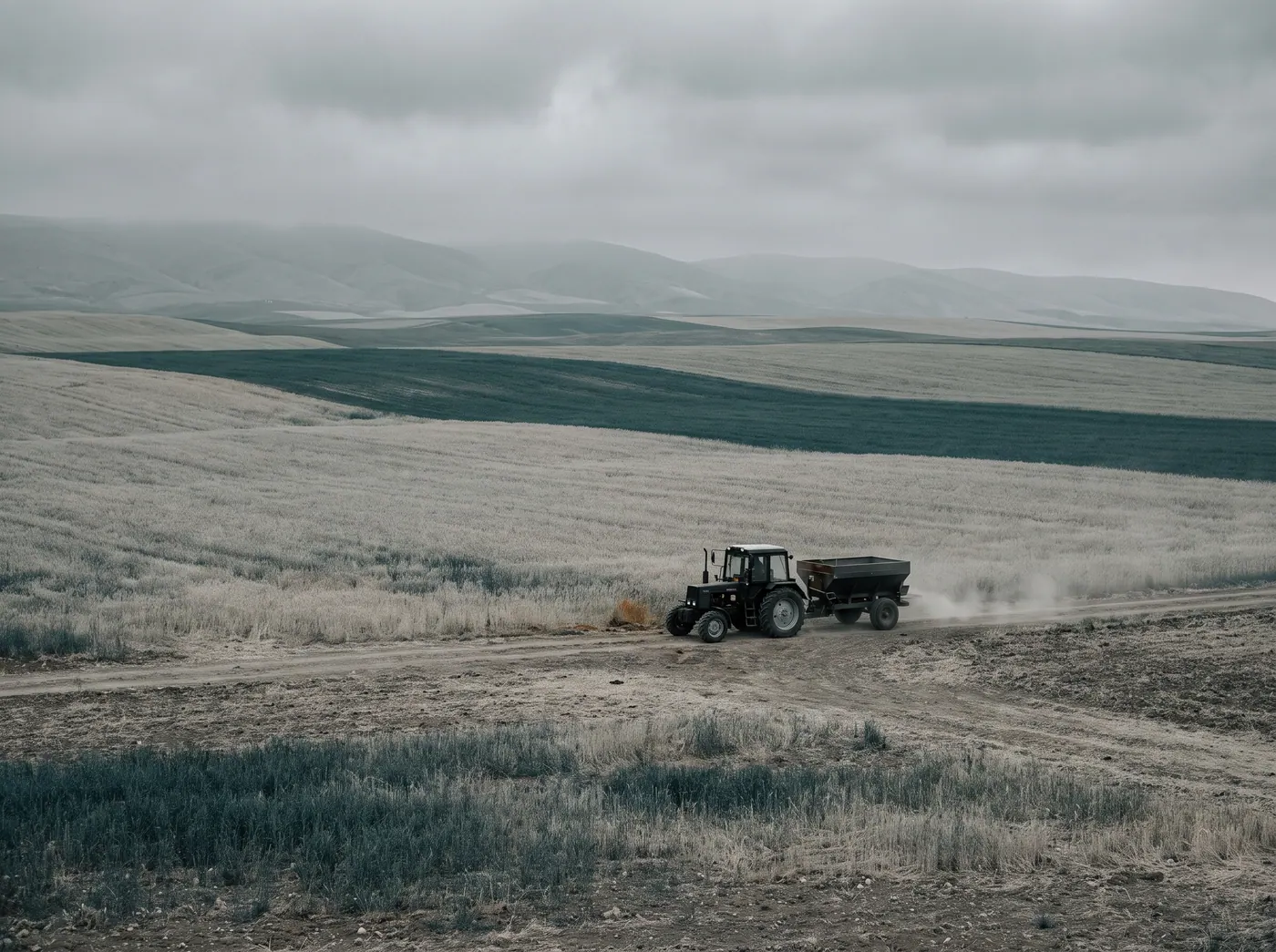 Tractor with a spreader on a farm track, hills behind