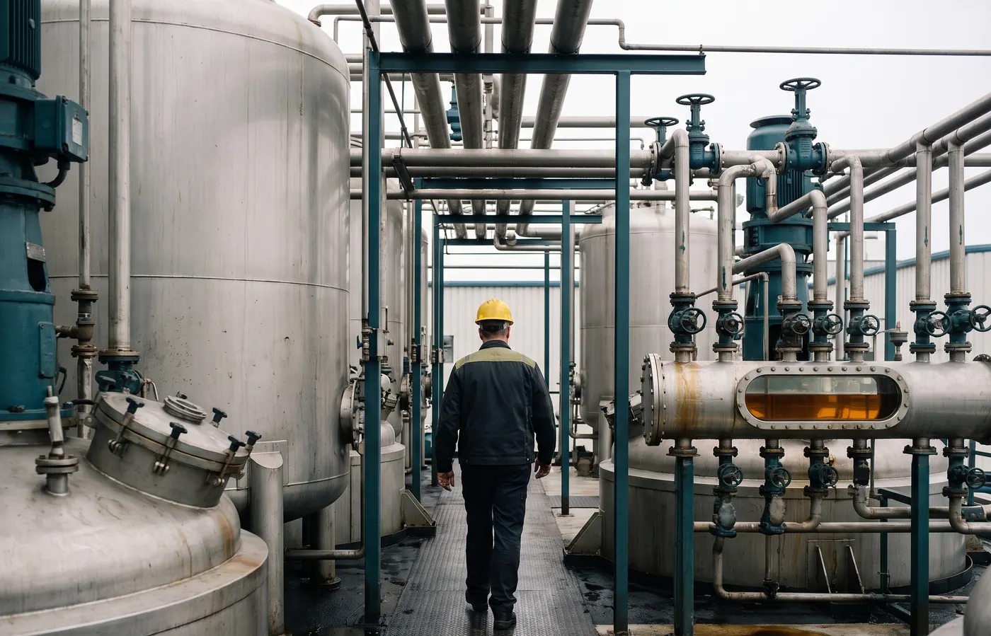 Worker in a hard hat between stainless steel vessels and pipework of a blending plant