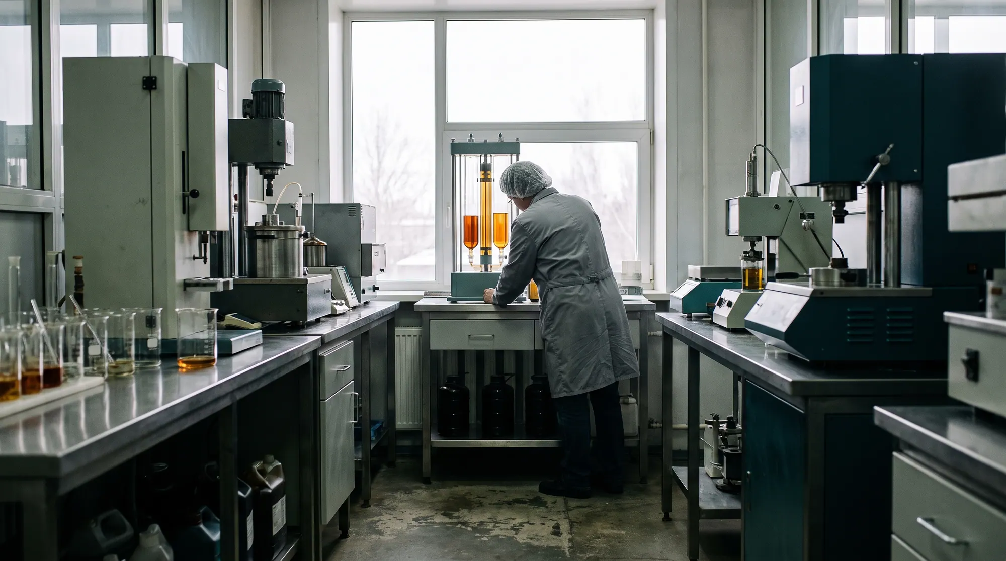 Laboratory with test equipment, a person in coat and cap working at the window