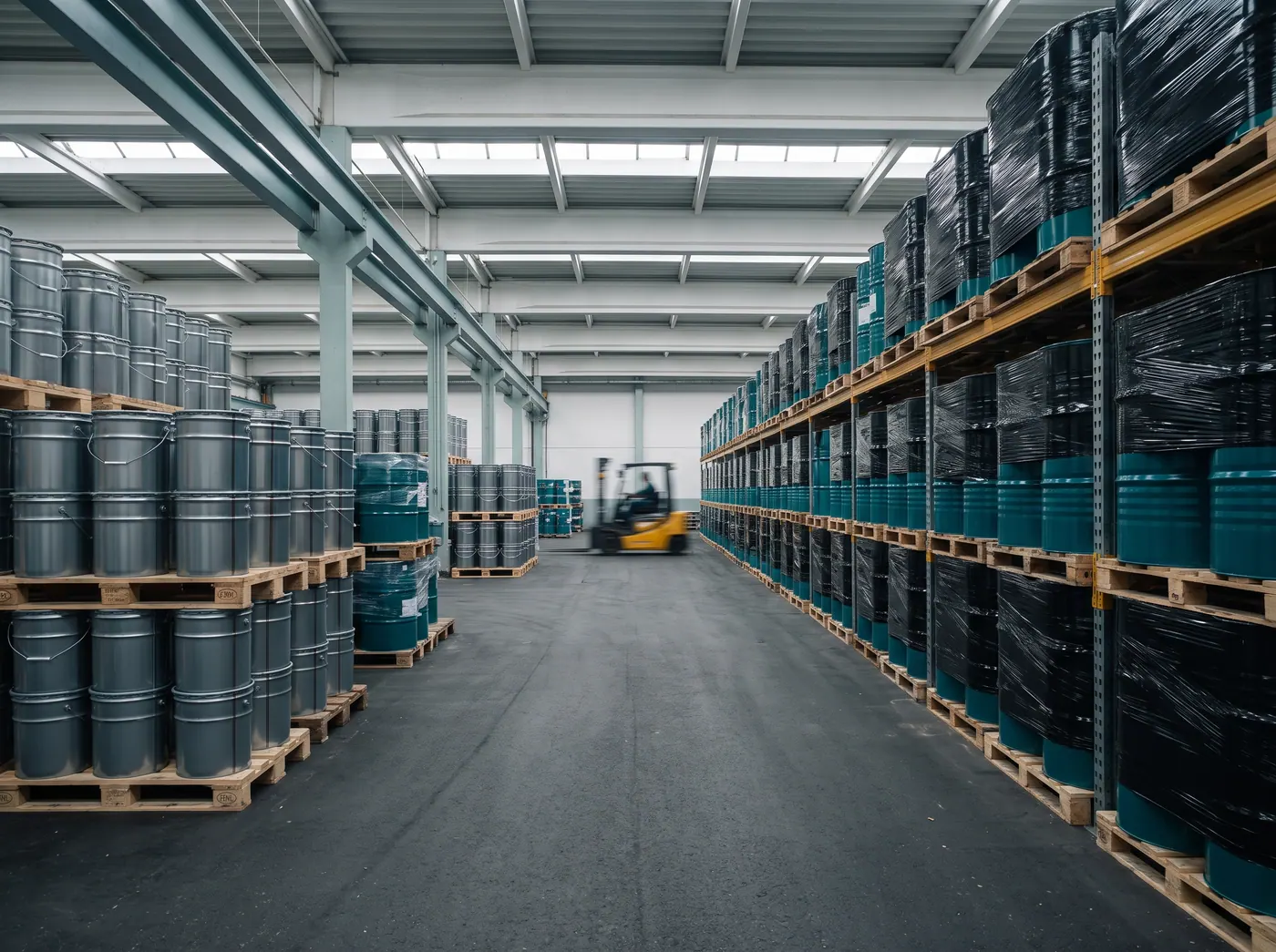 Warehouse with drums on pallets in high racking, a forklift in the background