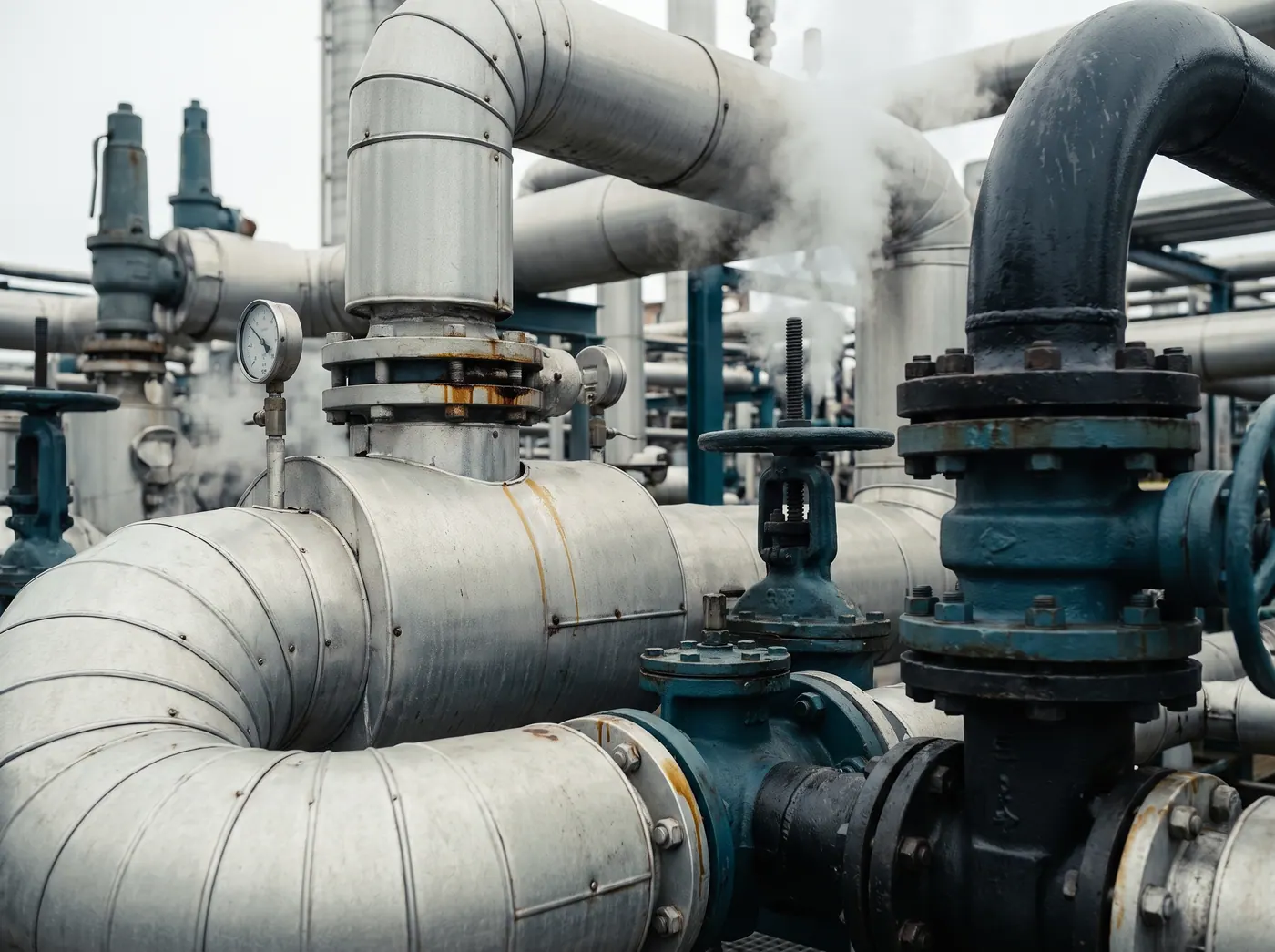 Insulated pipework, valves and pressure gauges in a refinery
