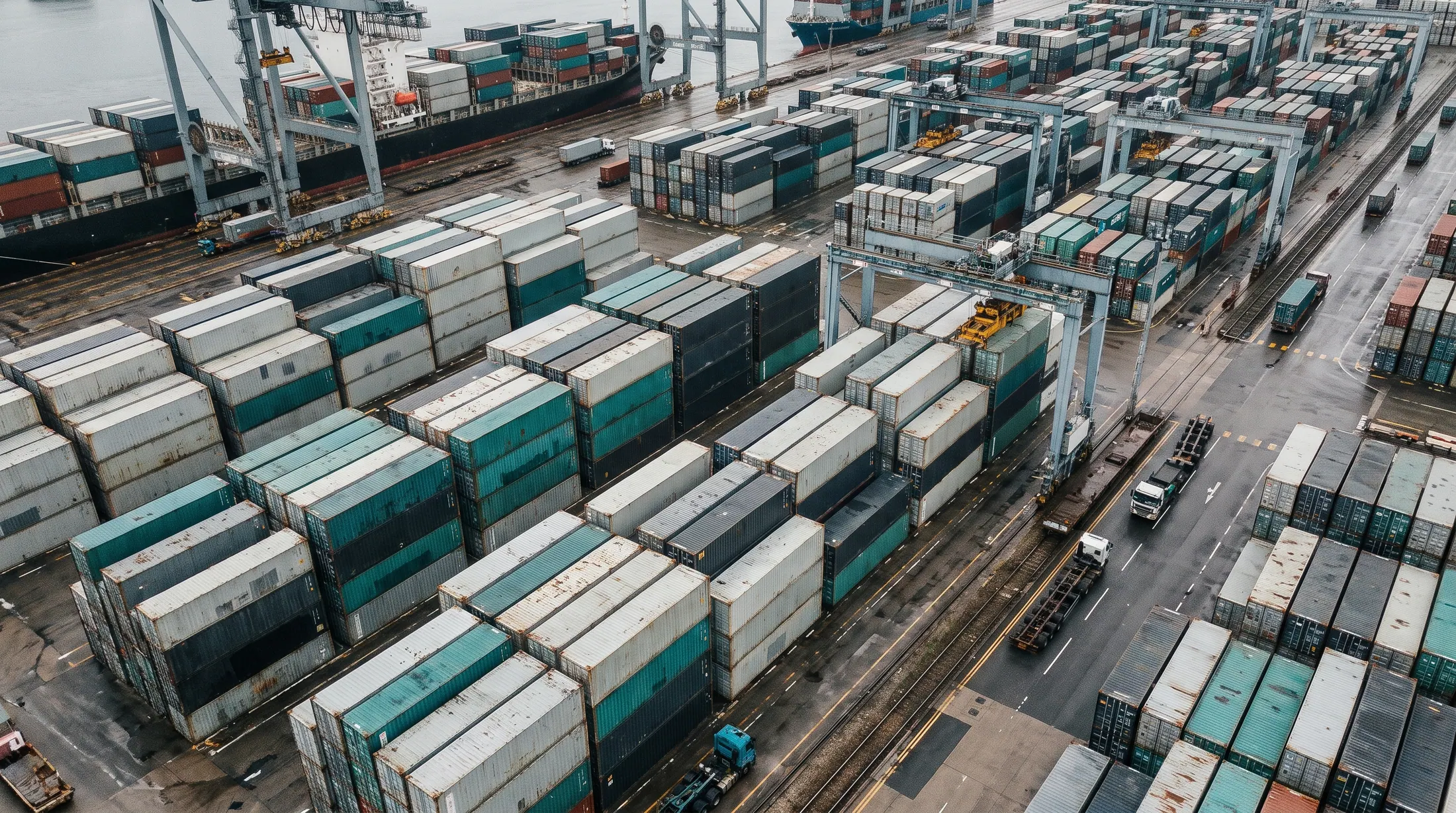 Aerial view of a container terminal with stacked containers and gantry cranes